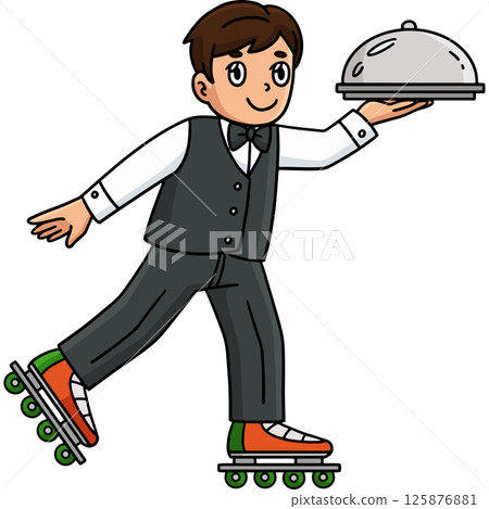 Inline Skates Waiter Cartoon Colored Clipart  125876881