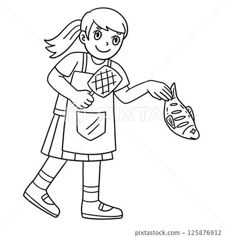 BBQ and Grilling Girl Holding Fish Isolated BBQ and Grilling Girl Holding Fish Isolated 125876912