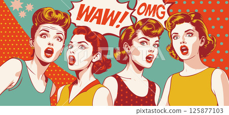 Pop art comic poster. Young excited beautiful women shouting waw and omg. Pop art comic poster. Young excited beautiful women shouting waw and omg. 125877103