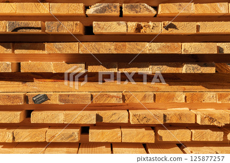 Rows of wooden boards with different textures and colors arranged neatly in a workshop under bright daylight Rows of wooden boards with different textures and colors arranged neatly in a workshop under bright daylight 125877257