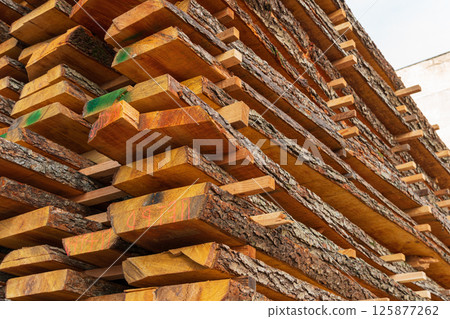 Stacks of wood planks arranged at a lumber yard display rich textures and colors, highlighting the beauty of natural materials under clear skies 125877262