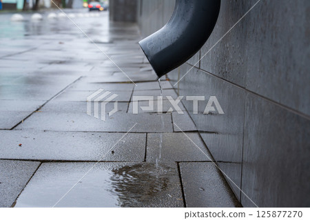 Water drips from a gutter onto rain-soaked pavement, reflecting the gray sky in a quiet city street during a rainy day Water drips from a gutter onto rain-soaked pavement, reflecting the gray sky in a quiet city street during a rainy day 125877270