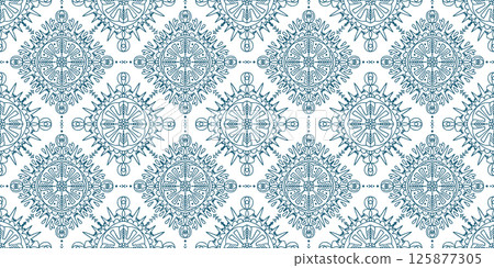 Abstract teal blue vector hand drawn seamless pattern with decorative whimsical rhombus motif. Ethnic aquamarine colour ornament for Arabic textile design, wrapping paper, traditional surface Abstract teal blue vector hand drawn seamless pattern with decorative whimsical rhombus motif. Ethnic aquamarine colour ornament for Arabic textile design, wrapping paper, traditional surface 125877305