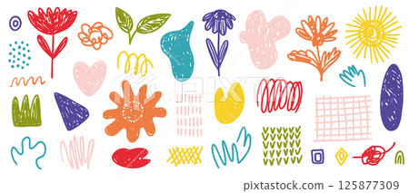 Bright hand drawn textured set of colorful playful vector abstract flowers and freehand shapes. Childish kids drawing grunge flower, heart, swirl, brush strokes for pattern design, greeting cards Bright hand drawn textured set of colorful playful vector abstract flowers and freehand shapes. Childish kids drawing grunge flower, heart, swirl, brush strokes for pattern design, greeting cards 125877309