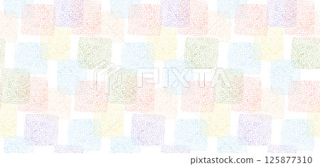 Abstract vector light colors textured hand drawn overlay dotted square shapes seamless pattern. Playful red, yellow, green, blue texture for kids textile design, wrapping paper, surface, background 125877310