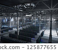 Server cabinets gear in low light data center storing training sets used in AI development and analytics. Rackmount infrastructure delivering scalable computing, 3D rendering 125877655