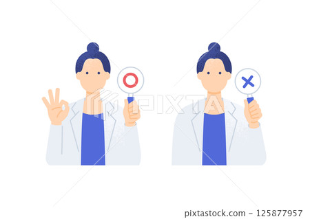 一位身穿白大褂的女醫生將使用通過或未通過的卡片做出決定。女醫生法官姿勢向量插圖集。 125877957