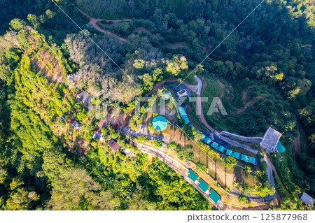 Aerial view landscape mountains background,Amazing nature mountains with campground at Phang Nga Thailand Aerial view landscape mountains background,Amazing nature mountains with campground at Phang Nga Thailand 125877968