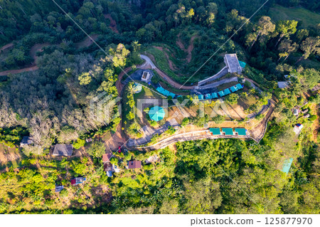 Aerial view landscape mountains background,Amazing nature mountains with campground at Phang Nga Thailand Aerial view landscape mountains background,Amazing nature mountains with campground at Phang Nga Thailand 125877970