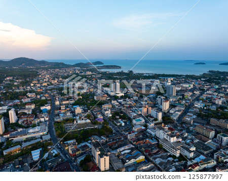 Aerial view of residential houses and driveways neighborhood.Tightly packed homes.Top view building houses in phuket thailand 125877997