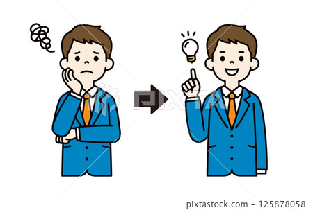 Vector illustration material of a young businessman with a thinking expression and a flash of inspiration_Line width can be edited_Color Vector illustration material of a young businessman with a thinking expression and a flash of inspiration_Line width can be edited_Color 125878058