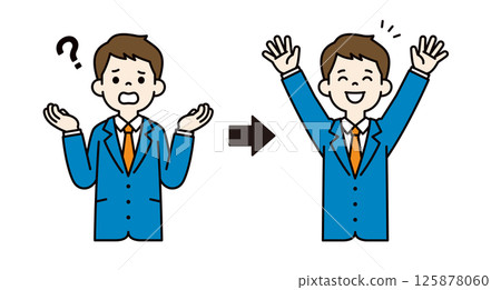 Vector illustration of a young businessman who solves his doubts and raises his arms in the air_Line width can be edited_Color Vector illustration of a young businessman who solves his doubts and raises his arms in the air_Line width can be edited_Color 125878060