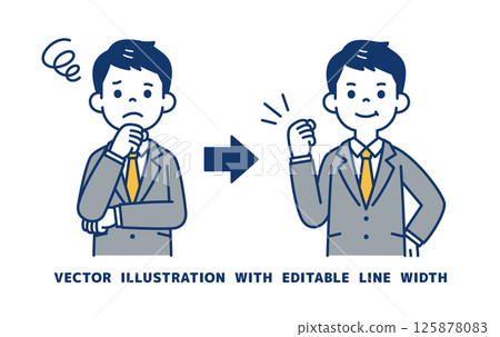 Vector illustration of a young businessman who was in trouble but solved the problem_Line width can be edited Vector illustration of a young businessman who was in trouble but solved the problem_Line width can be edited 125878083