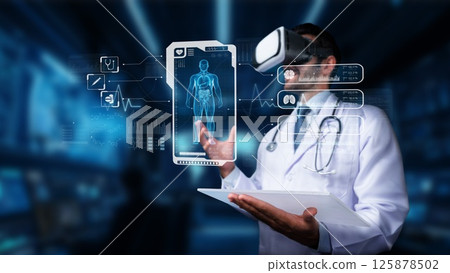 Doctor Using Virtual Reality Technology for Health Monitoring and Patient Interaction in a Modern Medical Environment. PHMT 125878502