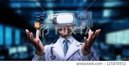 Medical Professional Using Virtual Reality Technology for Innovative Healthcare Solutions and Data Analysis in a Modern Digital Environment. PHMT 125878552