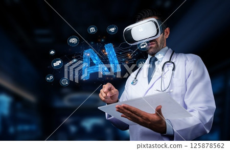 Doctor Using Virtual Reality Technology with AI Integration for Medical Innovation and Patient Care Enhancement in Modern Healthcare Environment. PHMT 125878562