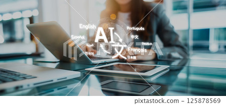 Creative Workspace with AI Language Translation Tools and Multilingual Words Displayed on a Digital Interface XDMCP Creative Workspace with AI Language Translation Tools and Multilingual Words Displayed on a Digital Interface XDMCP 125878569