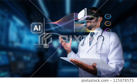 Medical Professional Using Virtual Reality Headset to Enhance Learning and Patient Care in a Futuristic Healthcare Environment. PHMT Medical Professional Using Virtual Reality Headset to Enhance Learning and Patient Care in a Futuristic Healthcare Environment. PHMT 125878573