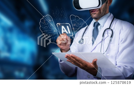 Medical Professional Using Virtual Reality to Explore Artificial Intelligence in Healthcare Settings for Innovative Patient Solutions and Advanced Treatments. PHMT 125878619
