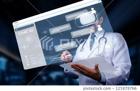 Doctor using virtual reality technology for chat AI communication in a modern digital environment with futuristic interface elements. PHMT 125878766