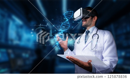 Doctor Using Virtual Reality Technology for Medical Research and Patient Care in Modern Laboratory Environment with Digital Graphics and DNA Illustration. PHMT 125878836