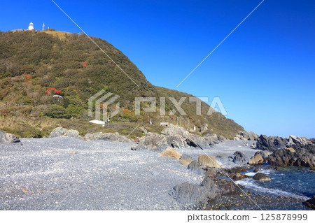 Muroto Cape Lighthouse and the elevated strata at Kanjogahama Beach/Global Geopark 125878999