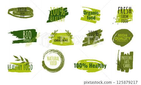 Healthy food labels badges logos Eco stickers. For farmer market eco food vegetarian menu food package. Ecology friendly design. Organic Food, Vegan, Farm Fresh, Natural Product. Vector illustration. 125879217