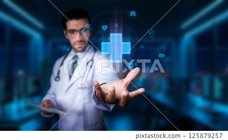 Medical Professional With Digital Interface Representing Healthcare Technology and Medical Services in Modern Hospital Environment. PHMT 125879257