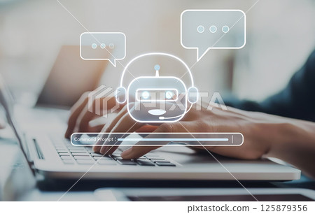Futuristic AI Chatbot Interface Displayed on Laptop with User Hands Typing Command Prompt in Modern Work Environment XDMCP 125879356
