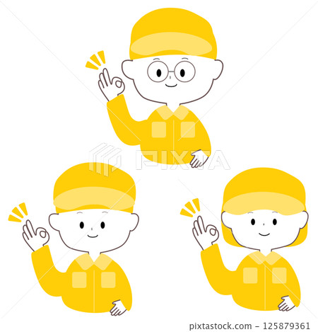 Cute men and women in work clothes giving OK signs Cute men and women in work clothes giving OK signs 125879361