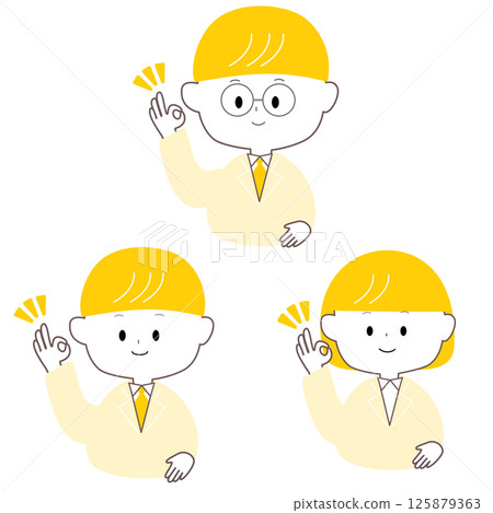 Cute men and women in white coats giving OK signs 125879363