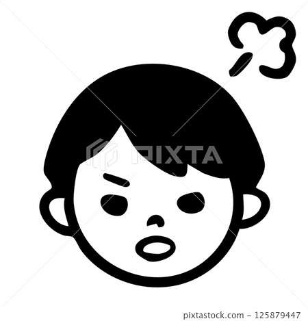 Angry boy, illustration of a child's angry face, male elementary school student, black and white 125879447