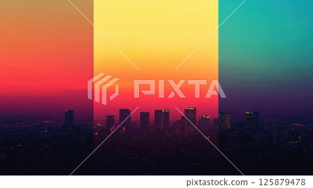 City skyline silhouette at dusk with a gradient sky divided into panels of orange, red, yellow, and teal. Urban landscape at twilight AI generated 125879478