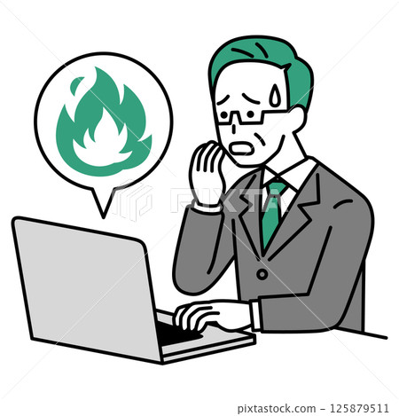 A middle-aged man in a suit (with a laptop computer) is confused by the SNS flame war A middle-aged man in a suit (with a laptop computer) is confused by the SNS flame war 125879511