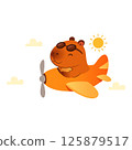 Cute cartoon capybara flying an orange airplane in the sky under the sun. Perfect for childrens designs, travel-themed illustrations, aviation merchandise, and playful character projects. 125879517