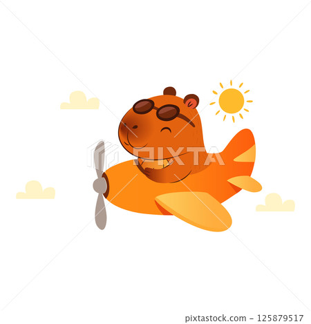 Cute cartoon capybara flying an orange airplane in the sky under the sun. Perfect for childrens designs, travel-themed illustrations, aviation merchandise, and playful character projects. 125879517