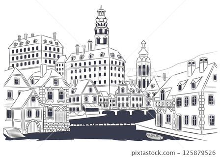 Illustration of the old town of Cesky Krumlov, Czech Republic 125879526