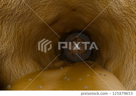 一個巨大的鐵球堵住了洞穴的後部，3D CG 圖像 125879653
