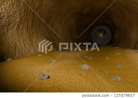 3D CG image of a large iron ball rolling out from the end of a dark cave 125879657