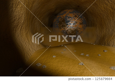 3D CG image of a large iron ball rolling through a cave, kicking up dust 125879664