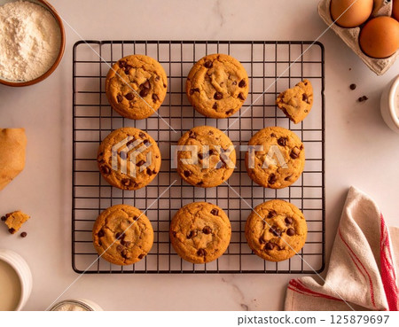 Chocolate chip cookies cooling on a tray Chocolate chip cookies cooling on a tray 125879697
