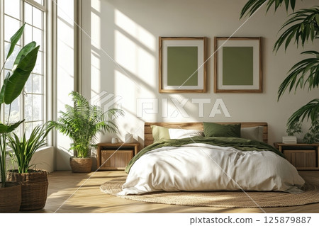 A bedroom with a large bed and a green plant in a basket 125879887