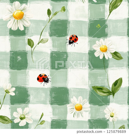 Ladybugs and daisies on a green checkered background nature close-up bright and cheerful 125879889