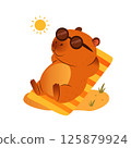 Cute cartoon capybara relaxing on a striped beach lounger under the summer sun. Perfect for summer themed designs, vacation graphics, and childrens illustrations. 125879924
