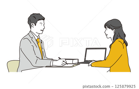 一位女士正在與一位接受諮詢的律師進行諮詢的插圖 125879925