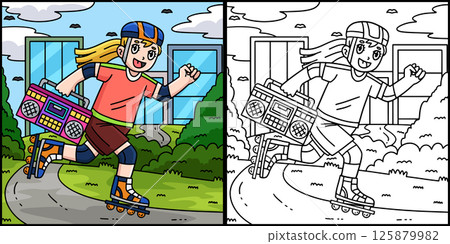 Female Inline Skater Radio Coloring Illustration  125879982