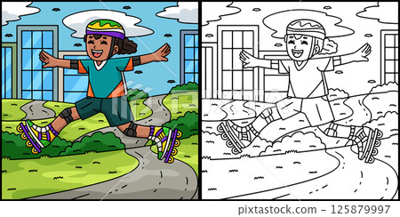 Female Inline Skater Jumping Coloring Illustration Female Inline Skater Jumping Coloring Illustration 125879997