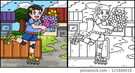 Female Inline Skates Flower Bouquet Illustration  125880010