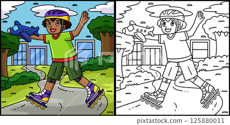 Inline Skating Boy with Toy Coloring Illustration  125880011