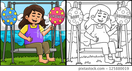 Baby Shower Pregnant Mom Coloring Illustration Baby Shower Pregnant Mom Coloring Illustration 125880019